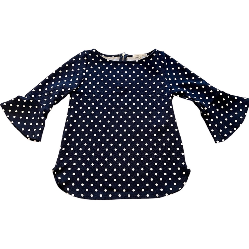 Green Envelope Navy White Polka Dot Top Sz XS Ruffled 3/4 Length Sleeve NWOT